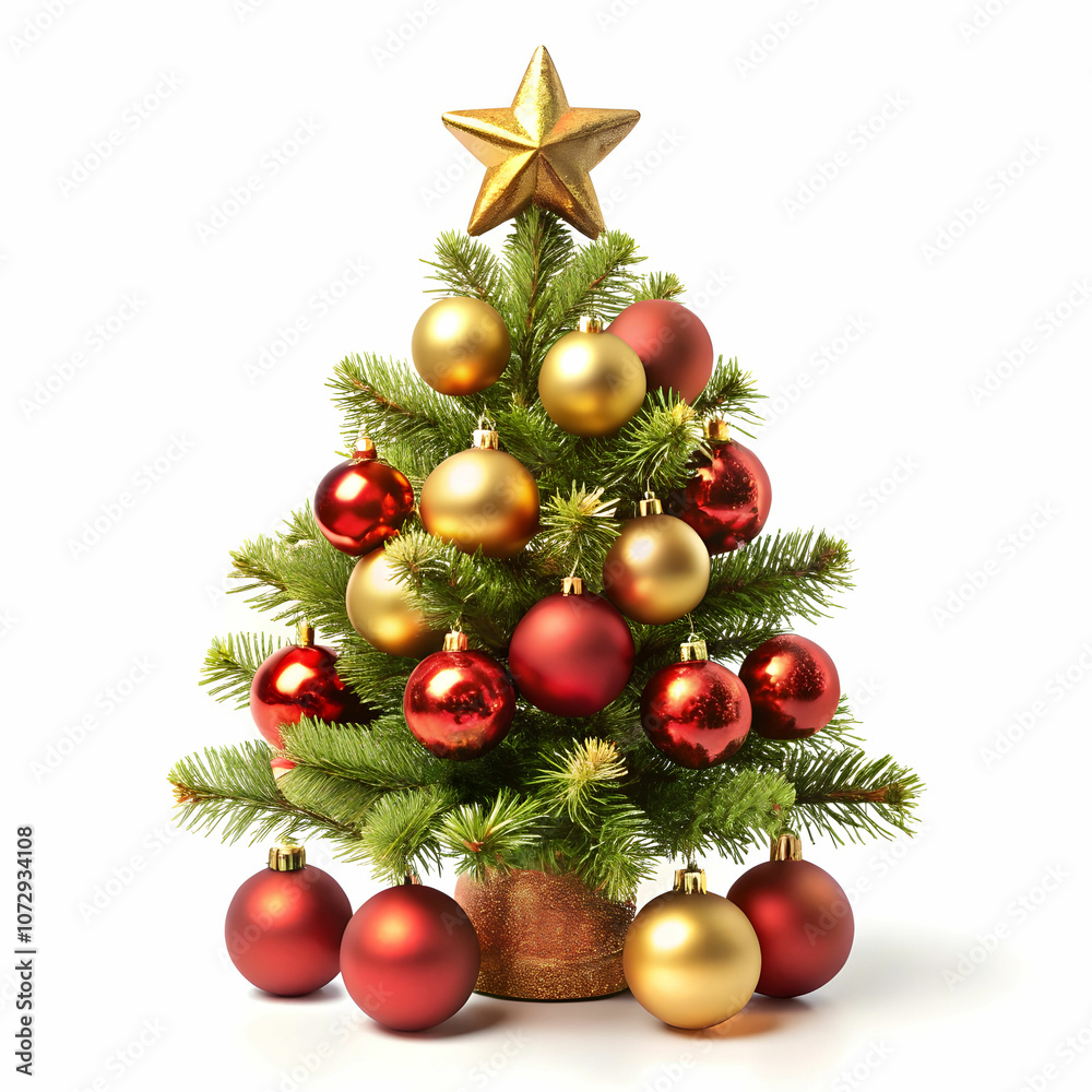 A small Christmas tree is beautifully adorned with red and gold ornaments A small Christmas tree is beautifully adorned with red and gold ornaments