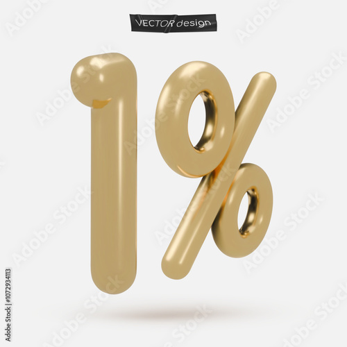 Golden icon, 3d render one percent sign, 1 %. Realistic design element. Vector illustration isolated on white for postcard, icons, poster, banner, web, design, arts. Black Friday Sale