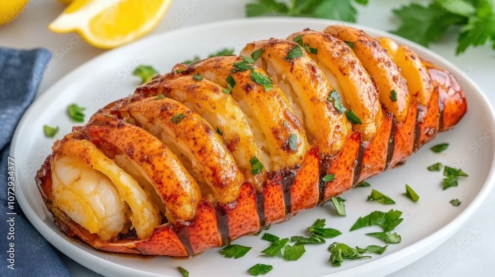 A perfectly Szechuan Peppercorn Lobster Tail with herbs, served on a white plate with lemon slices in the background, showcasing a mouthwatering meal. A perfectly Szechuan Peppercorn Lobster Tail with herbs, served on a white plate with lemon slices in the background, showcasing a mouthwatering meal.