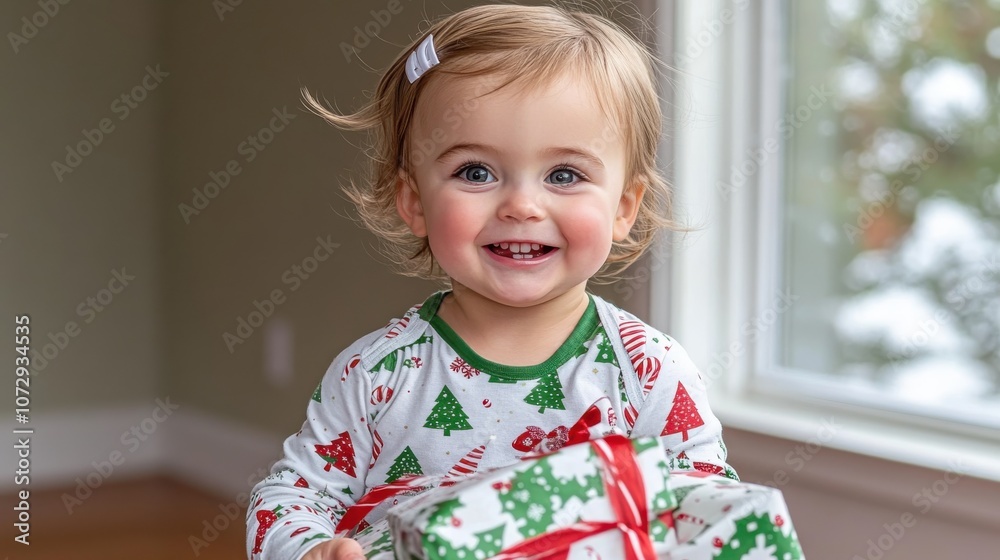 A joyful toddler holding a brightly wrapped Christmas gift, smiling while wearing festive pajamas in a cozy, well-lit room. A joyful toddler holding a brightly wrapped Christmas gift, smiling while wearing festive pajamas in a cozy, well-lit room.