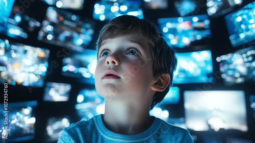 Child mesmerized by multiple screens glowing with blue light, creating a futuristic ambiance.