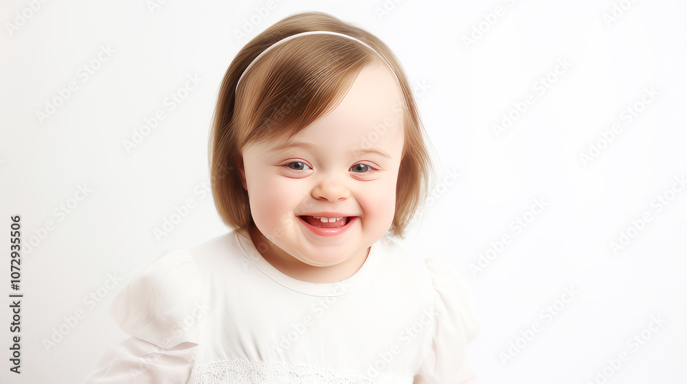 Portrait of smiling laughing girl child with Down syndrome white background. Portrait of smiling laughing girl child with Down syndrome white background.