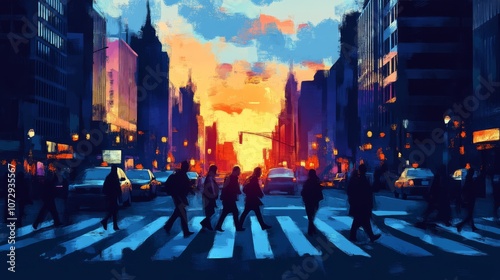 A colorful cityscape with people crossing a street at sunset.