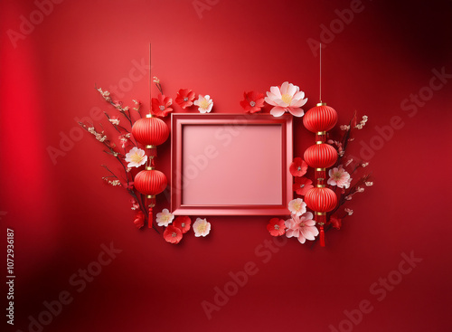 A red square frame is adorned with delicate cherry blossoms and traditional red lanterns, set against a vibrant red background. photo