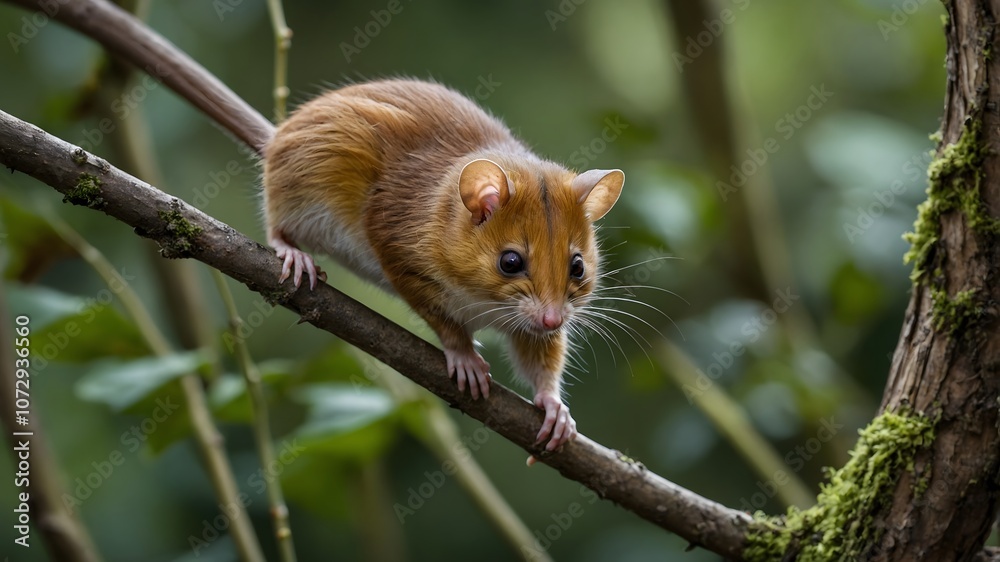 Fototapeta premium Vertical Ventures: The Hazel Dormouse’s Leafy Expedition