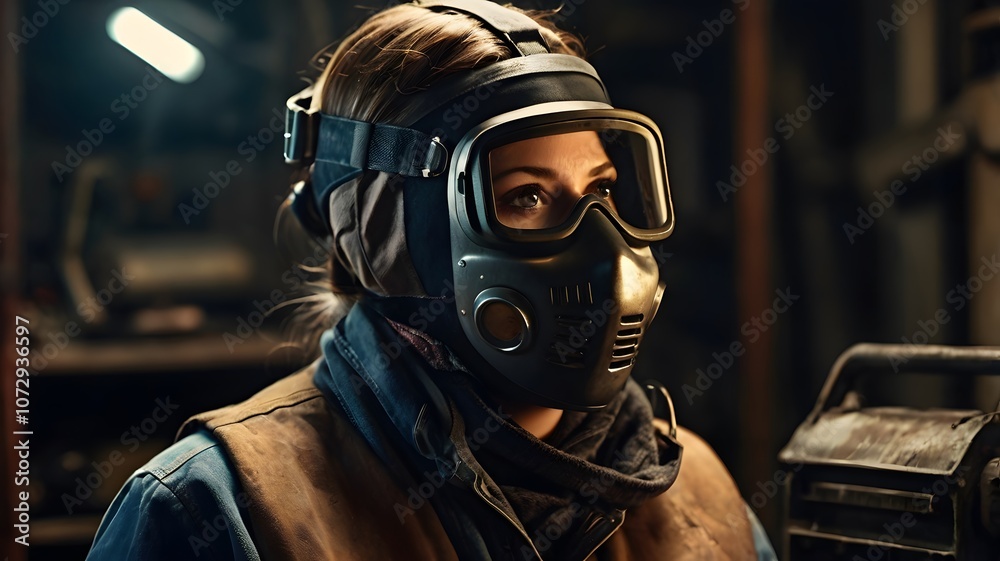 Fototapeta premium A determined technician prepares for challenges in a dimly lit workshop, wearing protective gear during evening hours. Generative AI