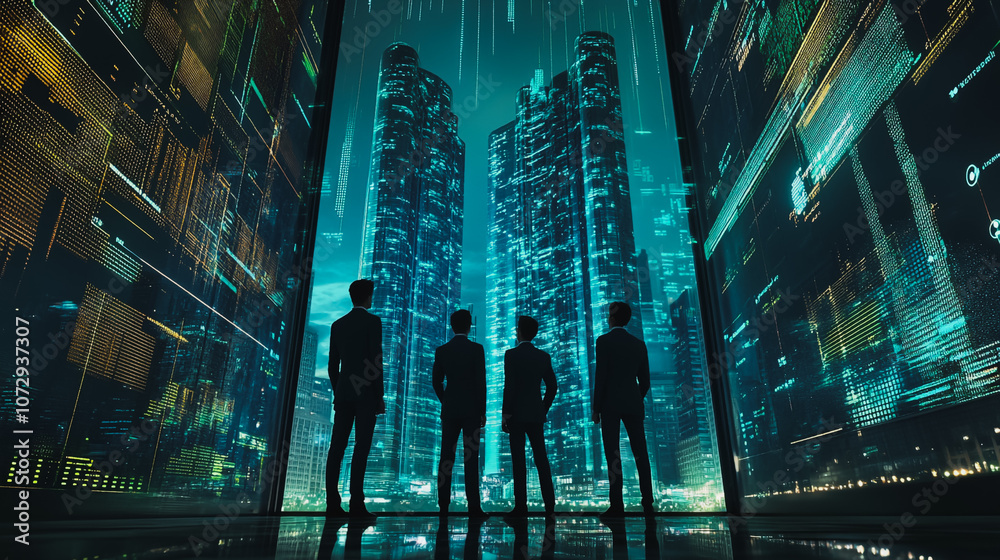 Obraz premium Abstract business team stands on the peak of success amid tall, innovative Smart city and graphs with statistics to analyze business potential and predict future developments in company growth.