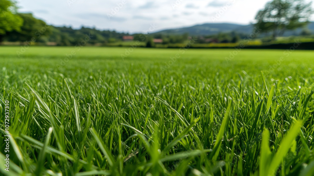 Lush green grass in calm countryside field with distant hills and trees. serene landscape invites relaxation and connection with nature Lush green grass in calm countryside field with distant hills and trees. serene landscape invites relaxation and connection with nature