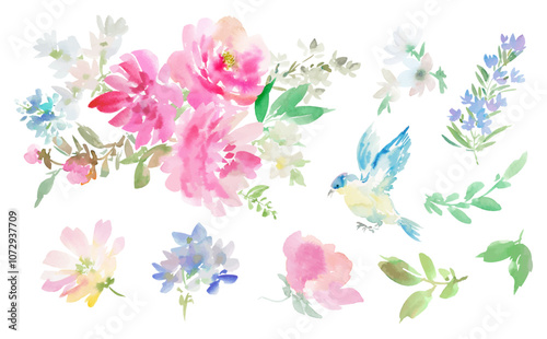 A vector illustration set of abstract pink roses, peonies, foliage, and a blue bird painted in watercolor. Watercolor hand-painted floral clip art set.