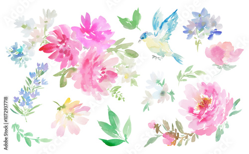 A vector illustration set of abstract pink peonies, foliage, and a blue bird painted in watercolor. Watercolor hand-painted floral clip art set.