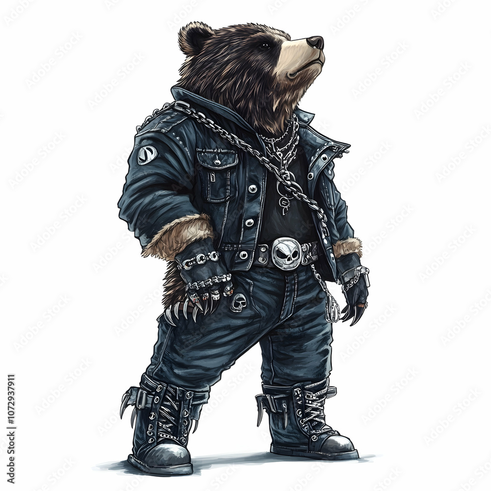 Fototapeta premium A tough-looking brown bear wearing a denim jacket, jeans, and boots, with multiple silver chains and bracelets.
