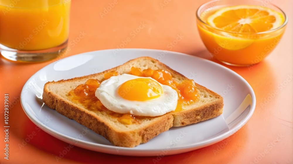 A Simple Breakfast of Toasted Bread with Orange Marmalade and a Fried Egg, Accompanied by a Glass of Orange Juice A Simple Breakfast of Toasted Bread with Orange Marmalade and a Fried Egg, Accompanied by a Glass of Orange Juice
