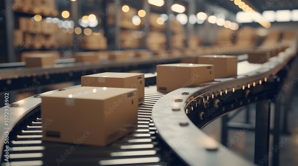Closeup of multiple cardboard box packages seamlessly moving along a conveyor belt in a warehouse fulfillment center, a snapshot of e-commerce, delivery, automation and products. Closeup of multiple cardboard box packages seamlessly moving along a conveyor belt in a warehouse fulfillment center, a snapshot of e-commerce, delivery, automation and products.