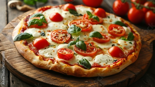 Pizza with tomatoes and mozzarella cheese on a rustic wooden table