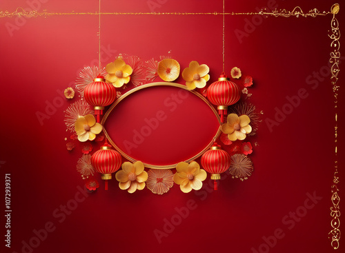 Red background with gold accents and festive lanterns and paper flowers.