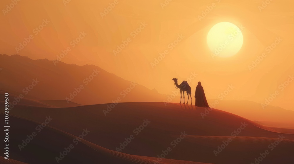 Silhouette of a camel and a person in a desert at sunset. Silhouette of a camel and a person in a desert at sunset.