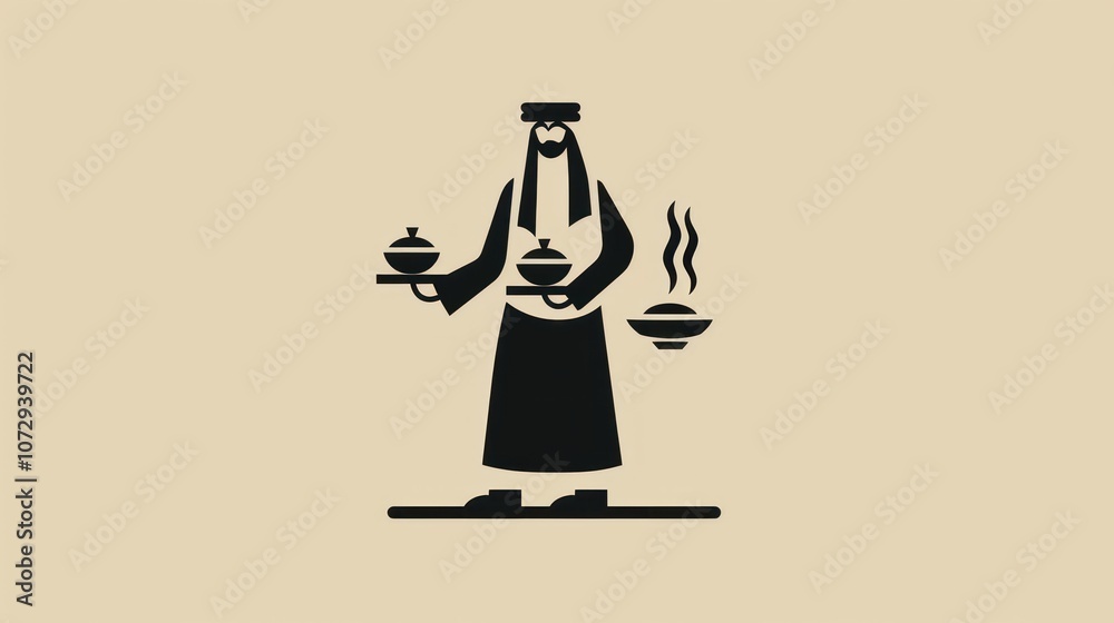 Silhouette of a man in traditional clothing carrying a tray with steaming bowls. Silhouette of a man in traditional clothing carrying a tray with steaming bowls.