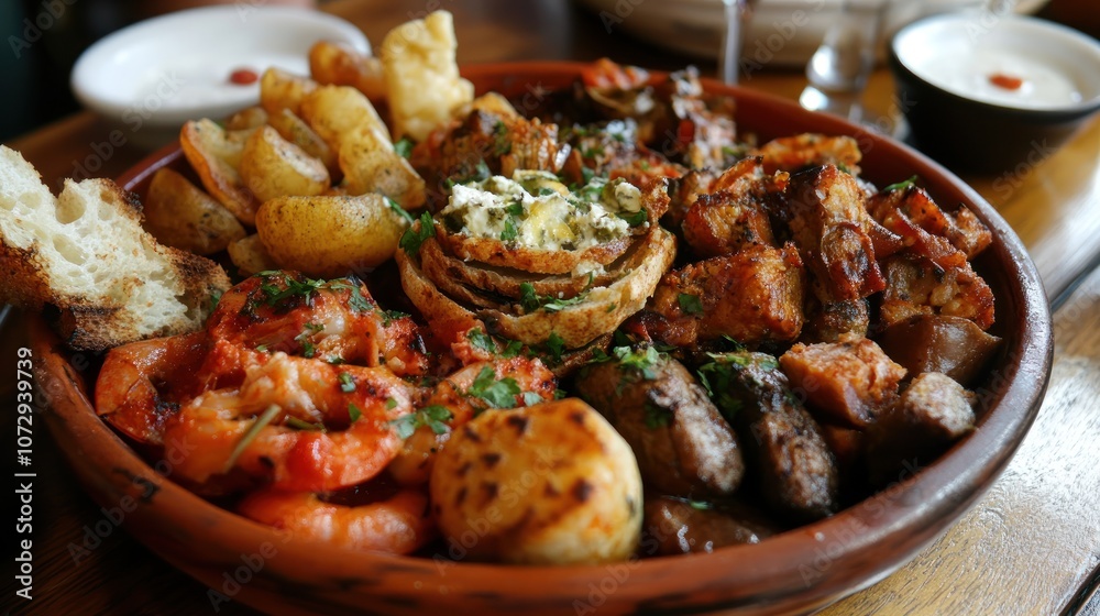 A large platter filled with an assortment of grilled meats, seafood, vegetables, and bread, perfect for sharing. A large platter filled with an assortment of grilled meats, seafood, vegetables, and bread, perfect for sharing.