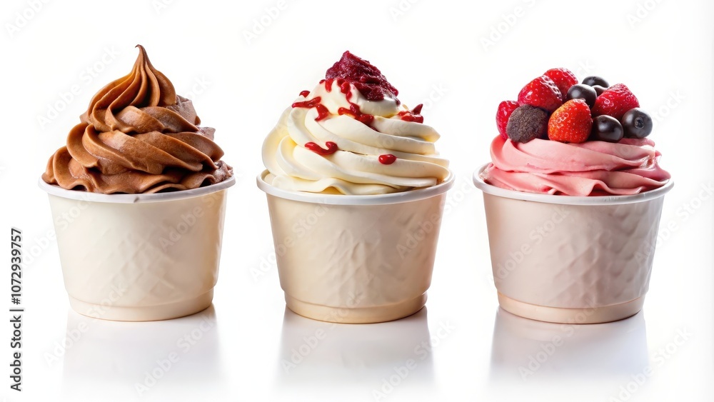 Three Cups of Frozen Yogurt with Different Toppings Chocolate, Strawberry, and Vanilla with Drizzled Red Sauce Three Cups of Frozen Yogurt with Different Toppings Chocolate, Strawberry, and Vanilla with Drizzled Red Sauce