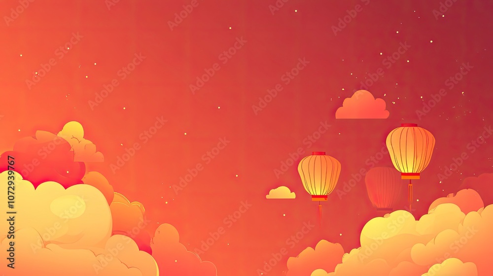 Chinese New Year background with lanterns and clouds, red color scheme, flat vector illustration, high resolution, professional digital art, Chinese-style background, high quality, with generative ai Chinese New Year background with lanterns and clouds, red color scheme, flat vector illustration, high resolution, professional digital art, Chinese-style background, high quality, with generative ai
