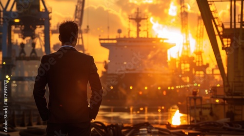 Silhouette of a man in a suit standing in front of a ship at sunset.