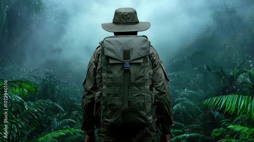 A figure stands in a dense jungle, wearing a hat and carrying a backpack, surrounded by mist and lush greenery. A figure stands in a dense jungle, wearing a hat and carrying a backpack, surrounded by mist and lush greenery.