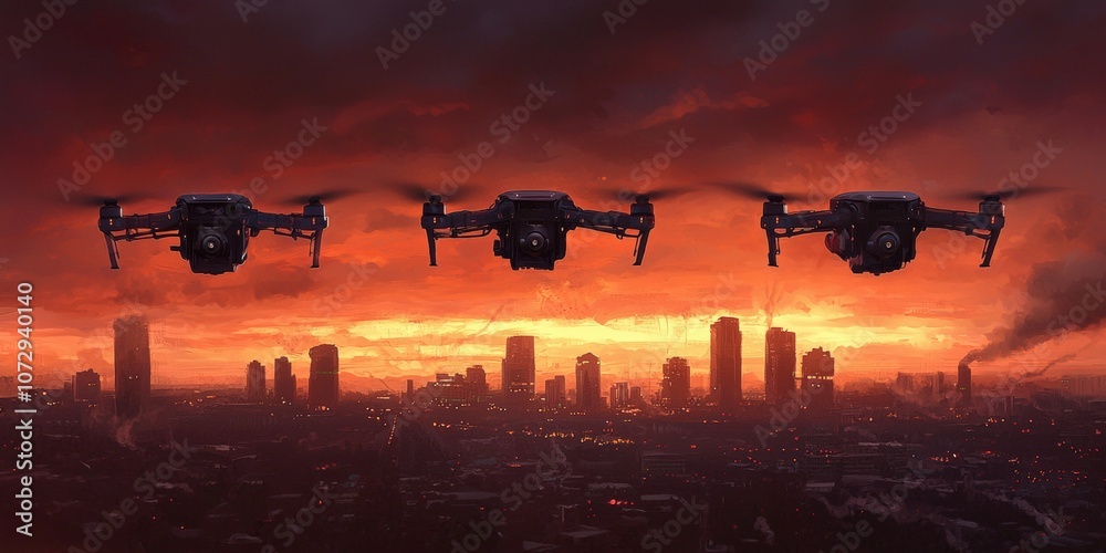 Three drones fly over a city skyline at sunset, casting a dramatic silhouette against a vibrant orange sky. Three drones fly over a city skyline at sunset, casting a dramatic silhouette against a vibrant orange sky.