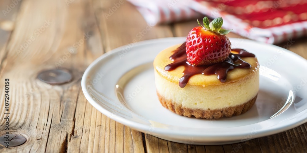A Single Serving of Creamy Cheesecake Topped with Chocolate Sauce and a Fresh Strawberry on a White Plate, Sitting on a Wooden Table A Single Serving of Creamy Cheesecake Topped with Chocolate Sauce and a Fresh Strawberry on a White Plate, Sitting on a Wooden Table