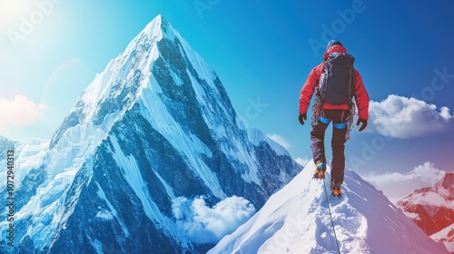 Goal to success, person climbing on route slope to snow covered mountain peak, human performance limit concept