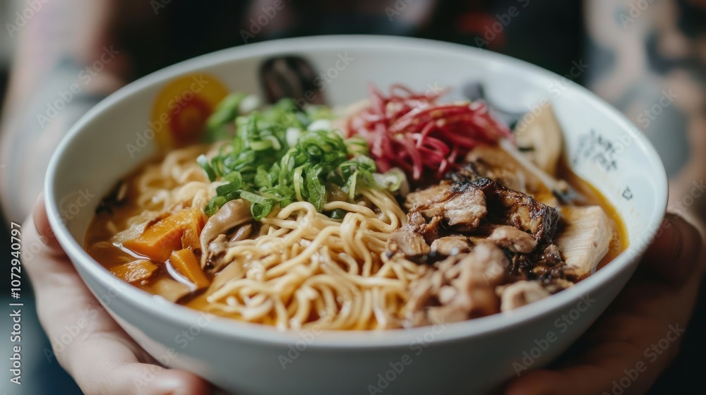 A bowl of steaming ramen noodles with pork, vegetables, and scallions, held in a person's hands. A bowl of steaming ramen noodles with pork, vegetables, and scallions, held in a person's hands.
