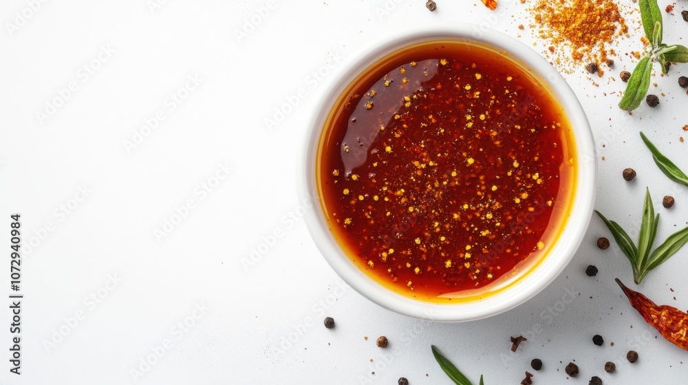 A vibrant bowl of spicy chili oil garnished with herbs and spices on a clean white surface in a cozy kitchen setting A vibrant bowl of spicy chili oil garnished with herbs and spices on a clean white surface in a cozy kitchen setting