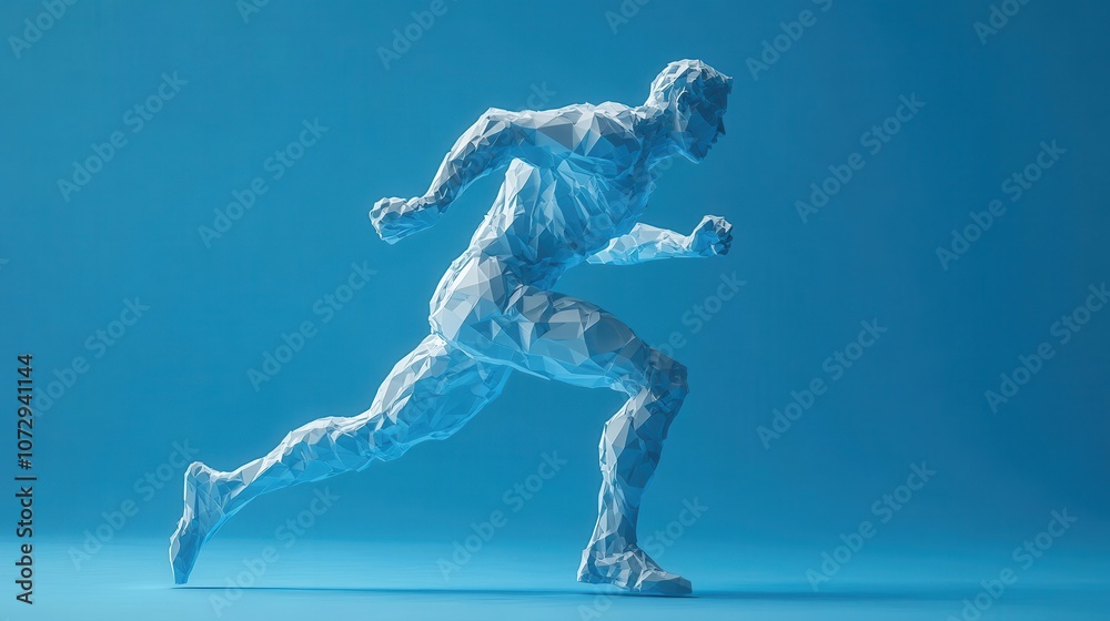 A dynamic, translucent figure appears to be running, created from what seems to be water, set against a vibrant blue background. A dynamic, translucent figure appears to be running, created from what seems to be water, set against a vibrant blue background.