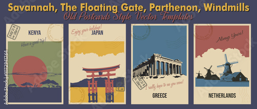 Main Attractions of the World Retro Postcard Style Set. Kenyan Savannah, Japanese The Floating Gate, Greek Parthenon, Dutch Windmills. Vector Templates Greeting Card Set