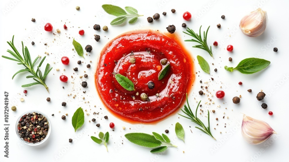 A vibrant arrangement of fresh herbs, spices, and tomato sauce creating a culinary masterpiece on a white background A vibrant arrangement of fresh herbs, spices, and tomato sauce creating a culinary masterpiece on a white background