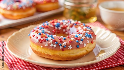 A single glazed donut with red, white, and blue sprinkles on a plate with a red and white checkered napkin