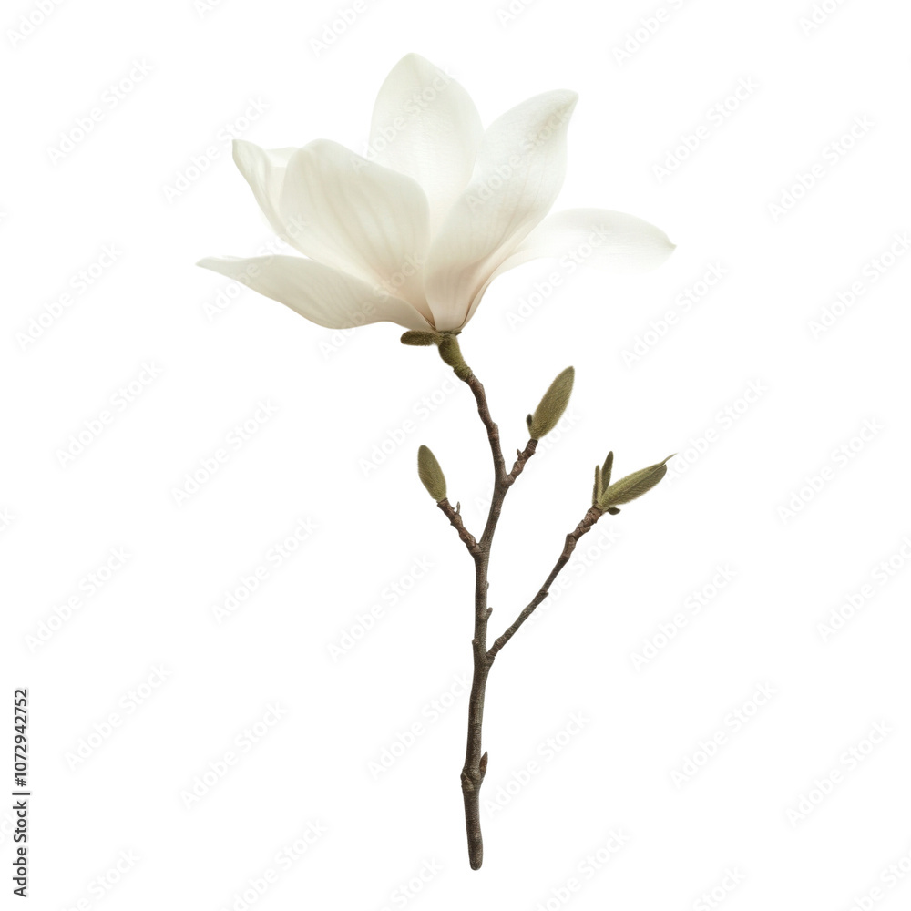 Fototapeta premium A beautiful white magnolia flower in full bloom, showcasing its delicate petals and intricate details, perfect for nature and floral themed projects.