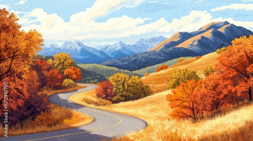 A winding road cutting through autumn colored trees, mountains in the background