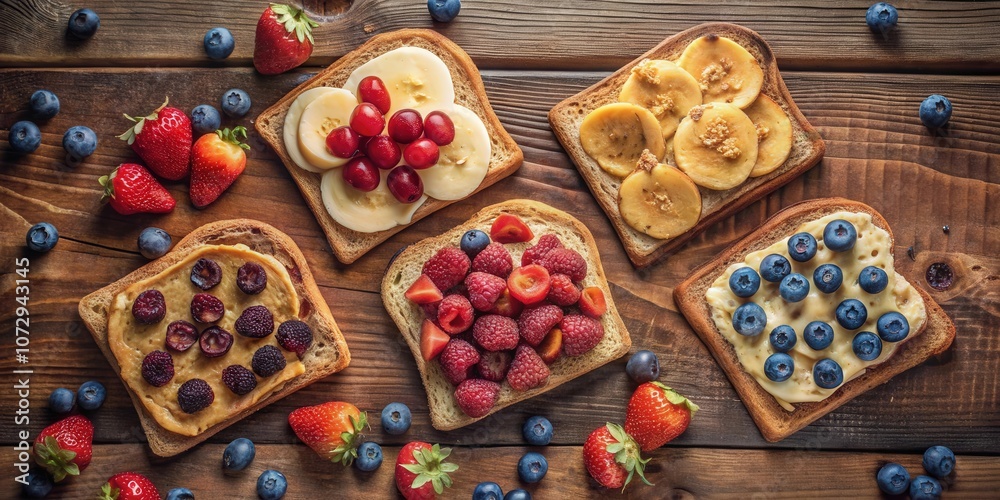 custom made wallpaper toronto digitalA Delightful Arrangement of Toasted Bread Slices Decorated with a Variety of Fresh Fruit, Including Blueberries, Raspberries, Strawberries, and Banana Slices, Presented on a Wooden Surface