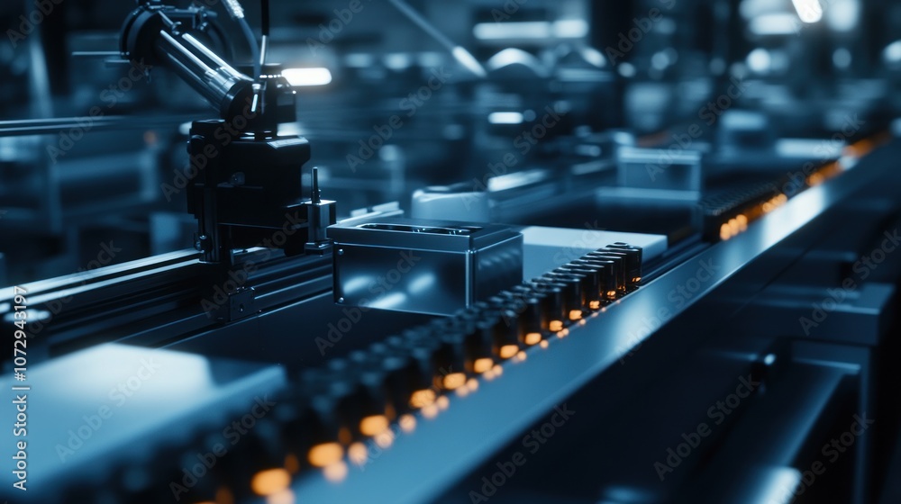 A robotic arm moves along a conveyor belt in a modern factory, assembling products. A robotic arm moves along a conveyor belt in a modern factory, assembling products.