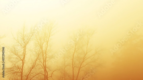 Silhouettes of bare trees against a hazy golden sky