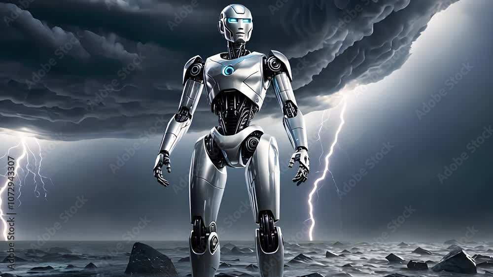  Futuristic Robot Facing Thunderstorm Outdoors