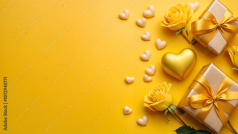 Gift box with rose and love heart, valentine's day, fathers day, mother's day template design, yellow colour background. Gift box with rose and love heart, valentine's day, fathers day, mother's day template design, yellow colour background.