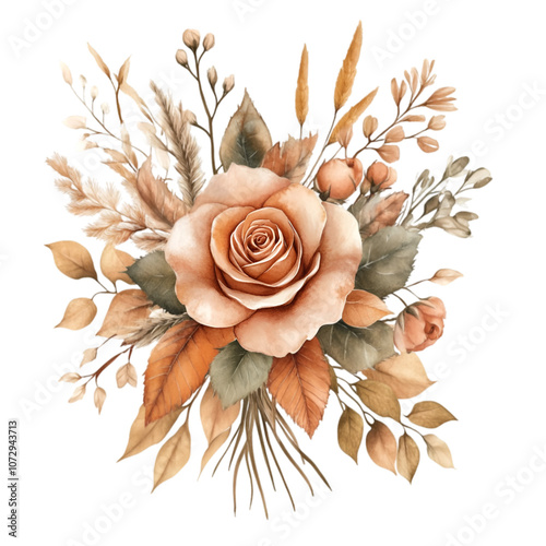Boho Roses Dried Flower Bouquet Watercolor Clipart on White Background AI Generated
