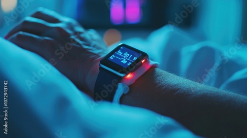 A person wearing a smartwatch with heart rate monitor while lying in bed.