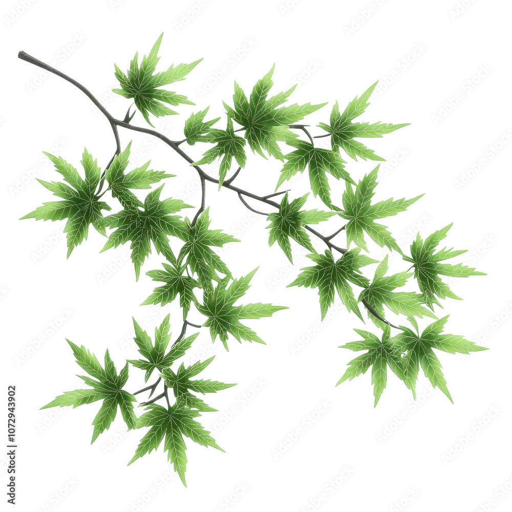 A lush green branch of maple leaves, showcasing the intricate shapes and vibrant colors of nature's beauty. Perfect for nature-themed projects. A lush green branch of maple leaves, showcasing the intricate shapes and vibrant colors of nature's beauty. Perfect for nature-themed projects.