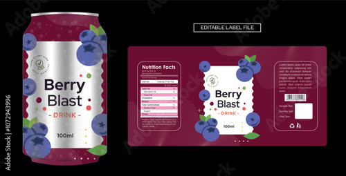 Berry Blast Juice Drink Label Design Template with Fresh Berry Illustration Vector Print Ready with mockup