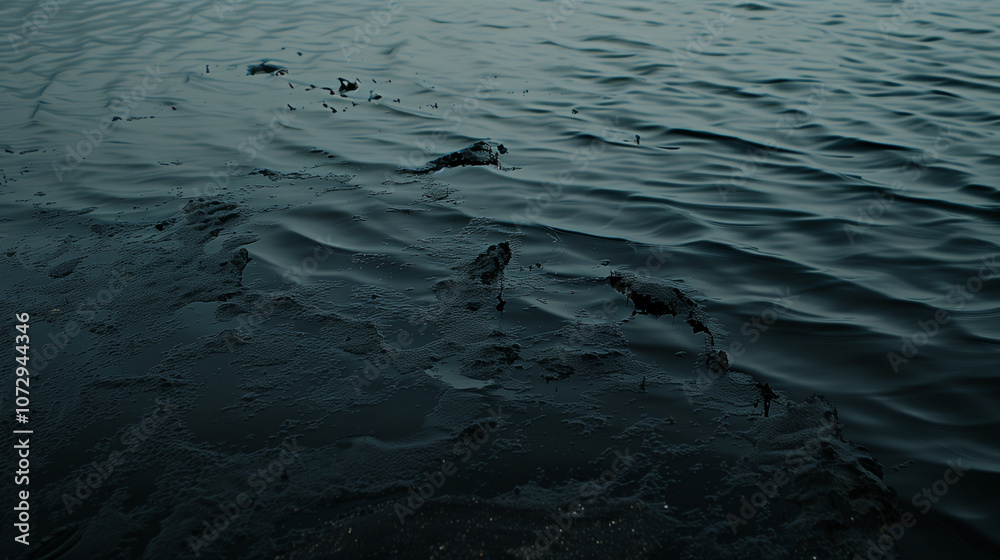 Aerial view of coastal area with dark, sticky tar covering beach and seawater, highlighting environmental pollution and providing copy space for text or design. Aerial view of coastal area with dark, sticky tar covering beach and seawater, highlighting environmental pollution and providing copy space for text or design.