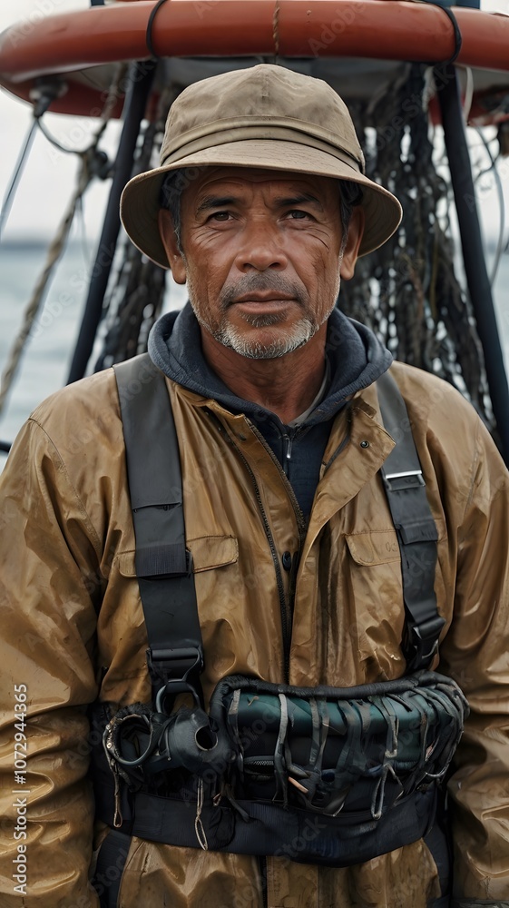 A seasoned fisherman prepares for a day at sea amidst the rugged beauty of the coastal waters under a cloudy sky. Generative AI A seasoned fisherman prepares for a day at sea amidst the rugged beauty of the coastal waters under a cloudy sky. Generative AI