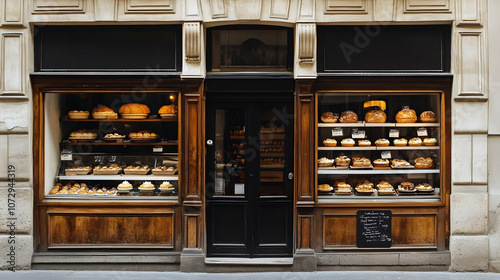 Fototapeta Naklejka Na Ścianę i Meble -  A traditional Parisian bakery with a variety of breads and pastries displayed in the windows.