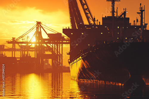 Silhouetted Cargo Ship and Port Cranes Against a Vibrant Orange Sunset with Reflective Water photo